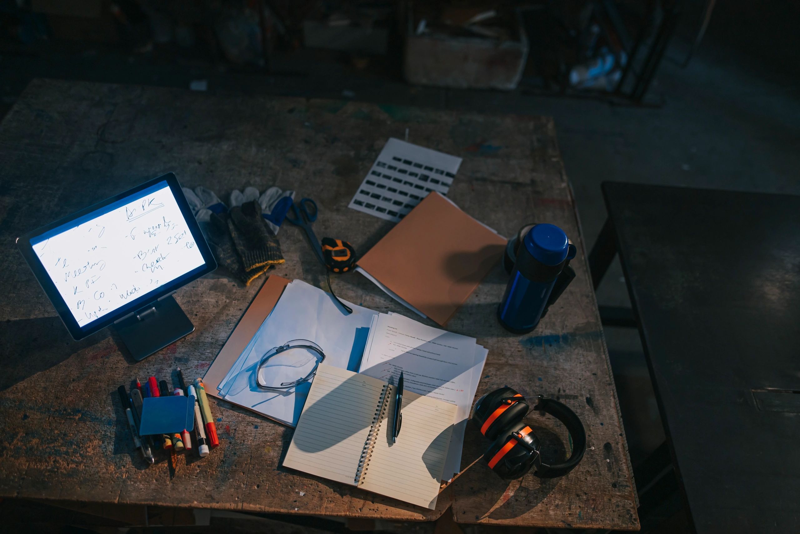 Documents and digital tablet arranged on a workbench table