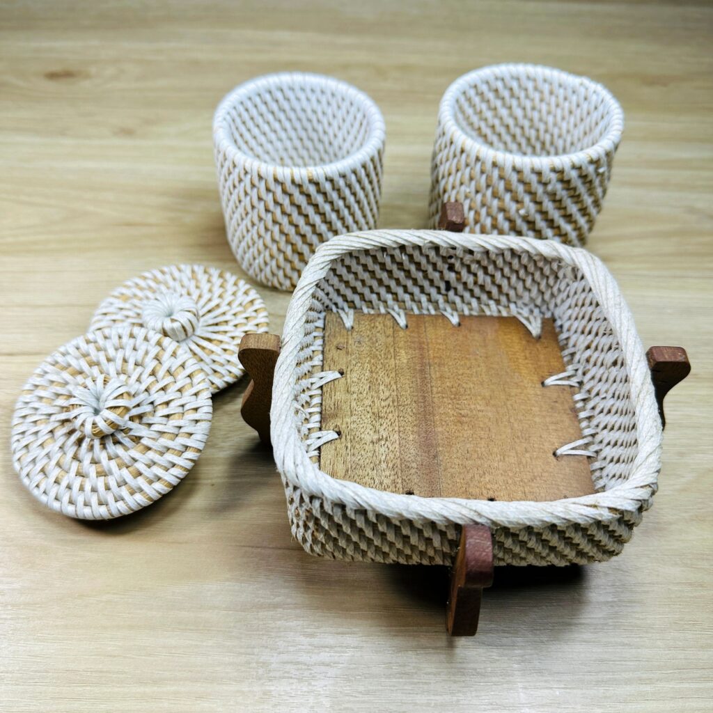 Handcrafted Rattan Basket and Coaster Set on Wooden Table